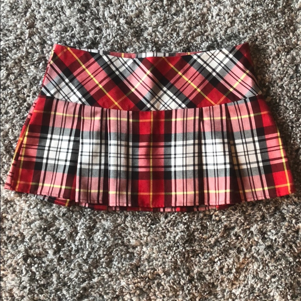 Black, red, and white plaid mini skirt